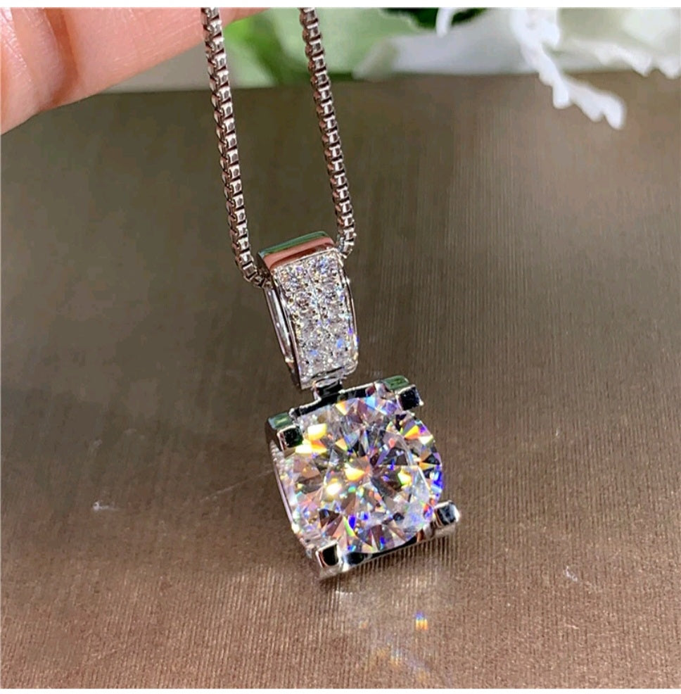 Silver Tone Necklace 1cm Round CZ Diamond Pendant Sparkly Statement 18"