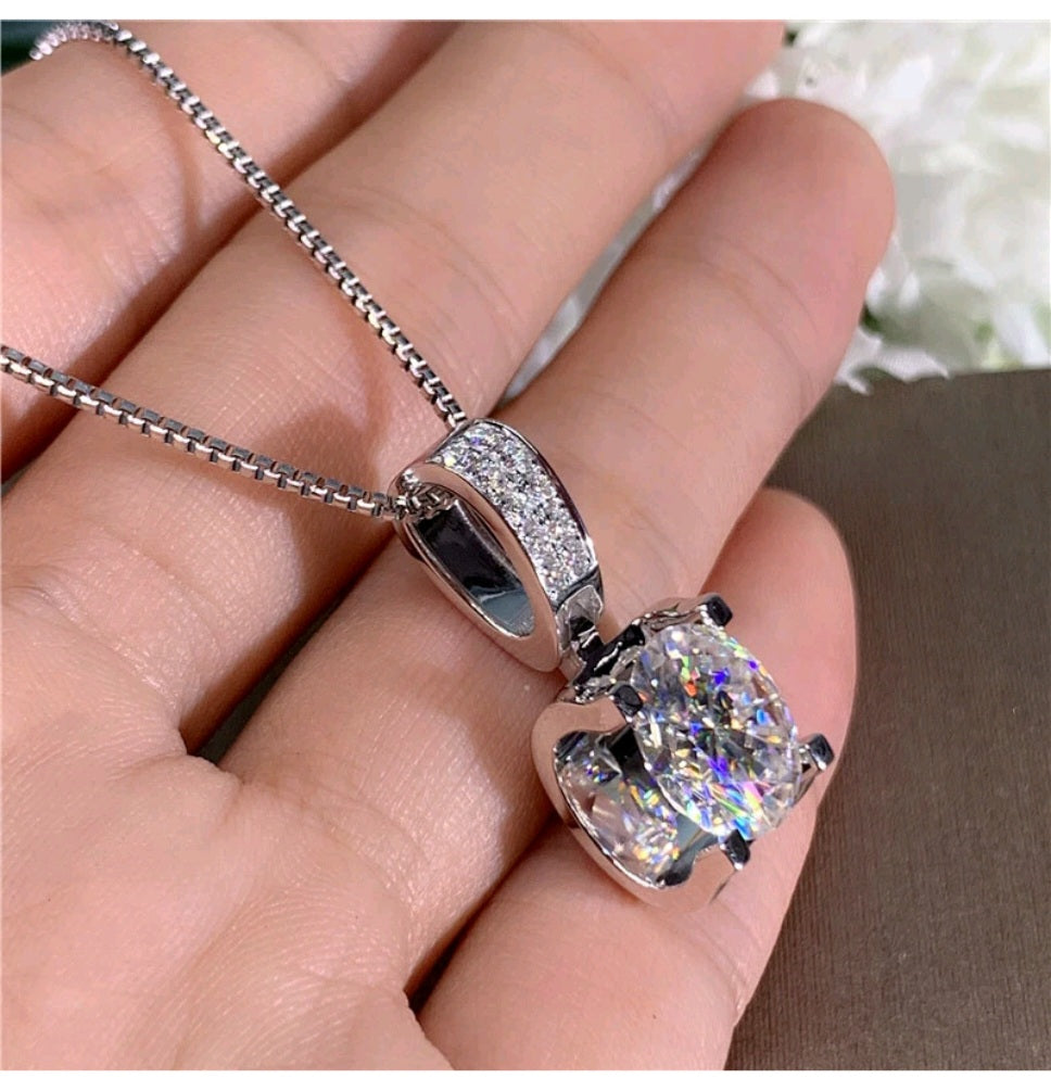 Silver Tone Necklace 1cm Round CZ Diamond Pendant Sparkly Statement 18"