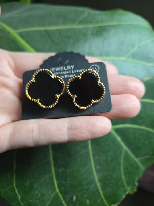 Black Clover Clip On Earrings Gold Tone