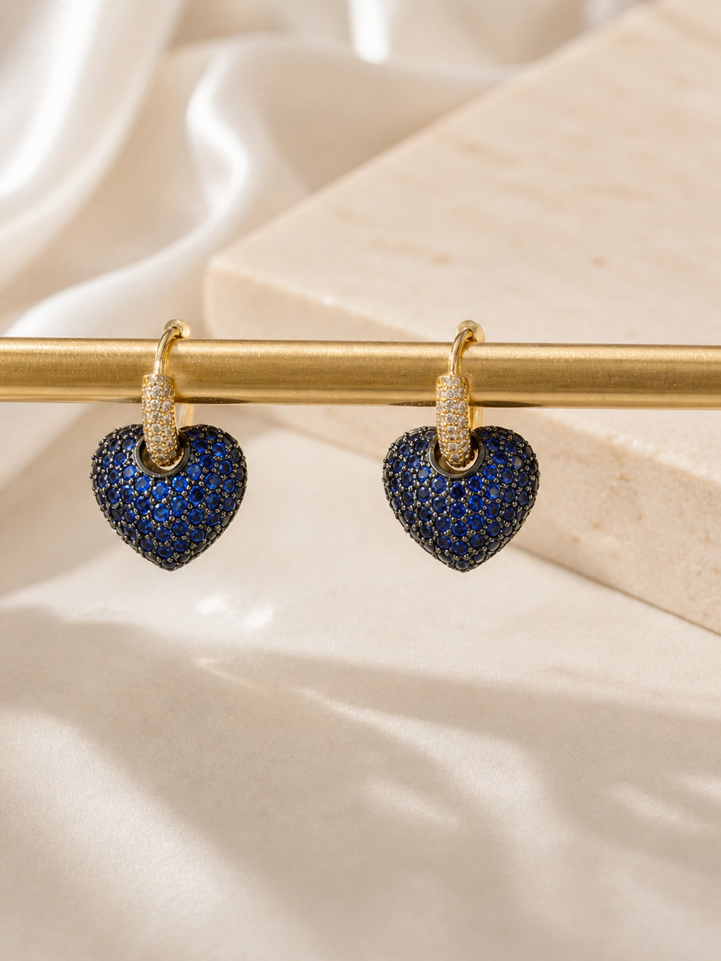 18K Gold Plated Blue Heart Hoop Earrings | Crystal Dangle