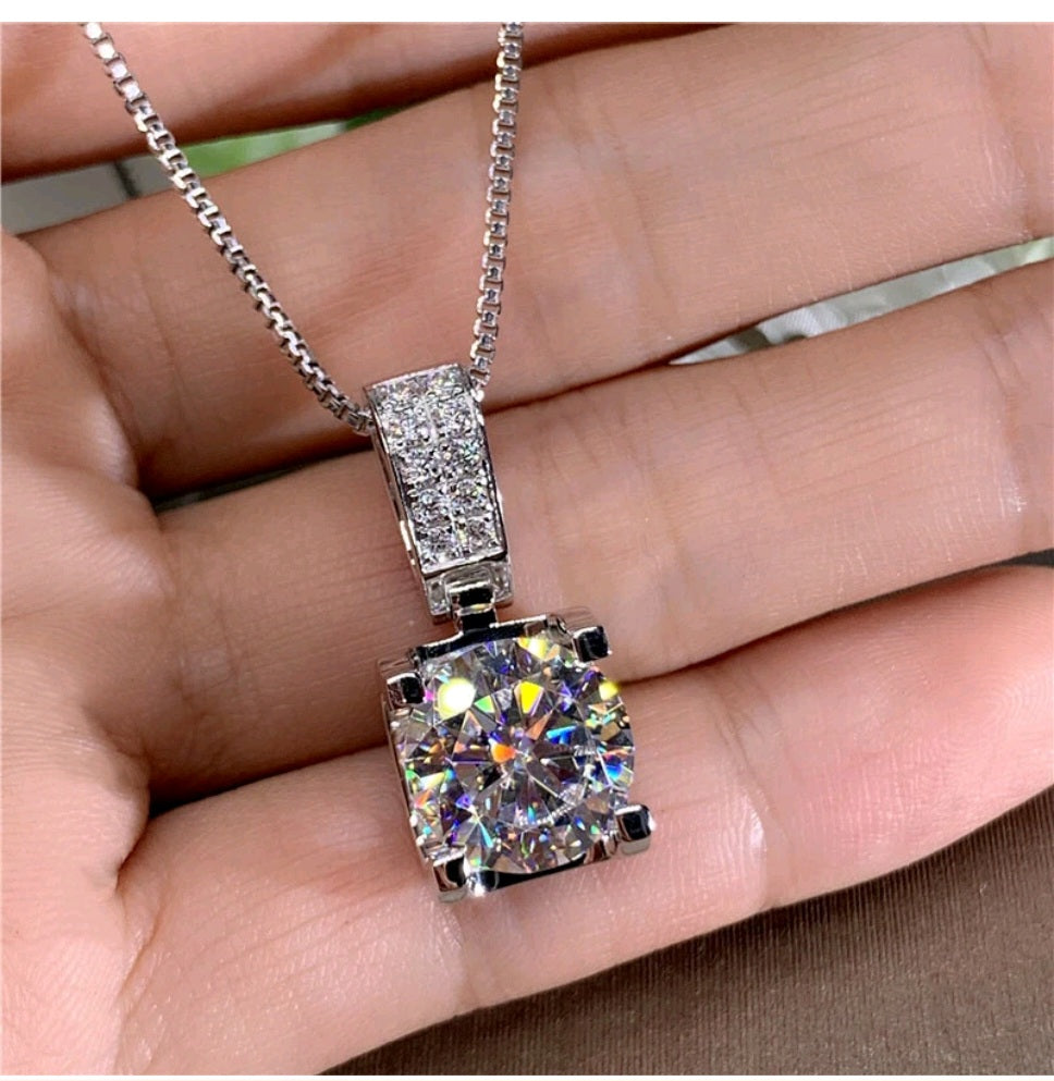Silver Tone Necklace 1cm Round CZ Diamond Pendant Sparkly Statement 18"