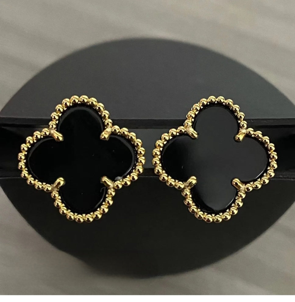 Black Clover Clip On Earrings Gold Tone