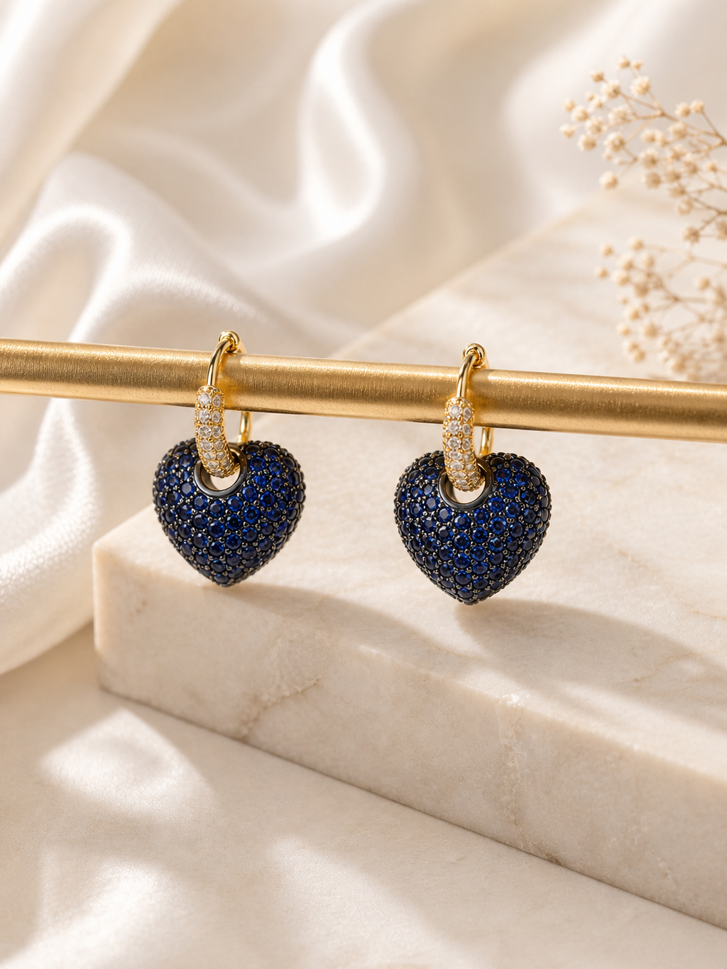 18K Gold Plated Blue Heart Hoop Earrings | Crystal Dangle