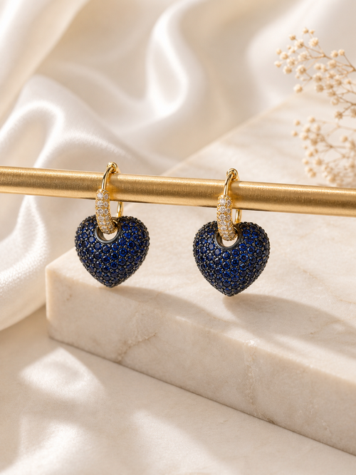 18K Gold Plated Blue Heart Hoop Earrings | Crystal Dangle